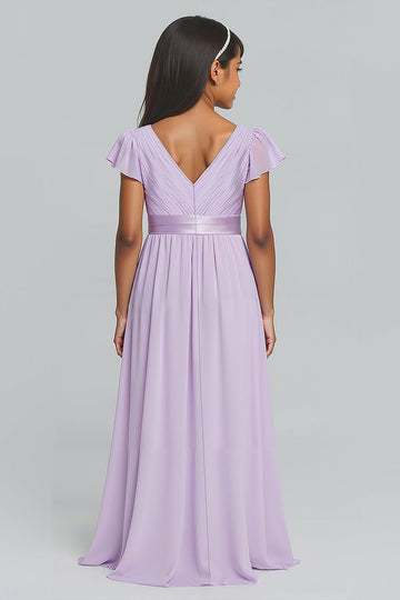 Linaxe en mousseline de soie lilas col en V trapèze longue robe de demoiselle d’honneur junior avec manches